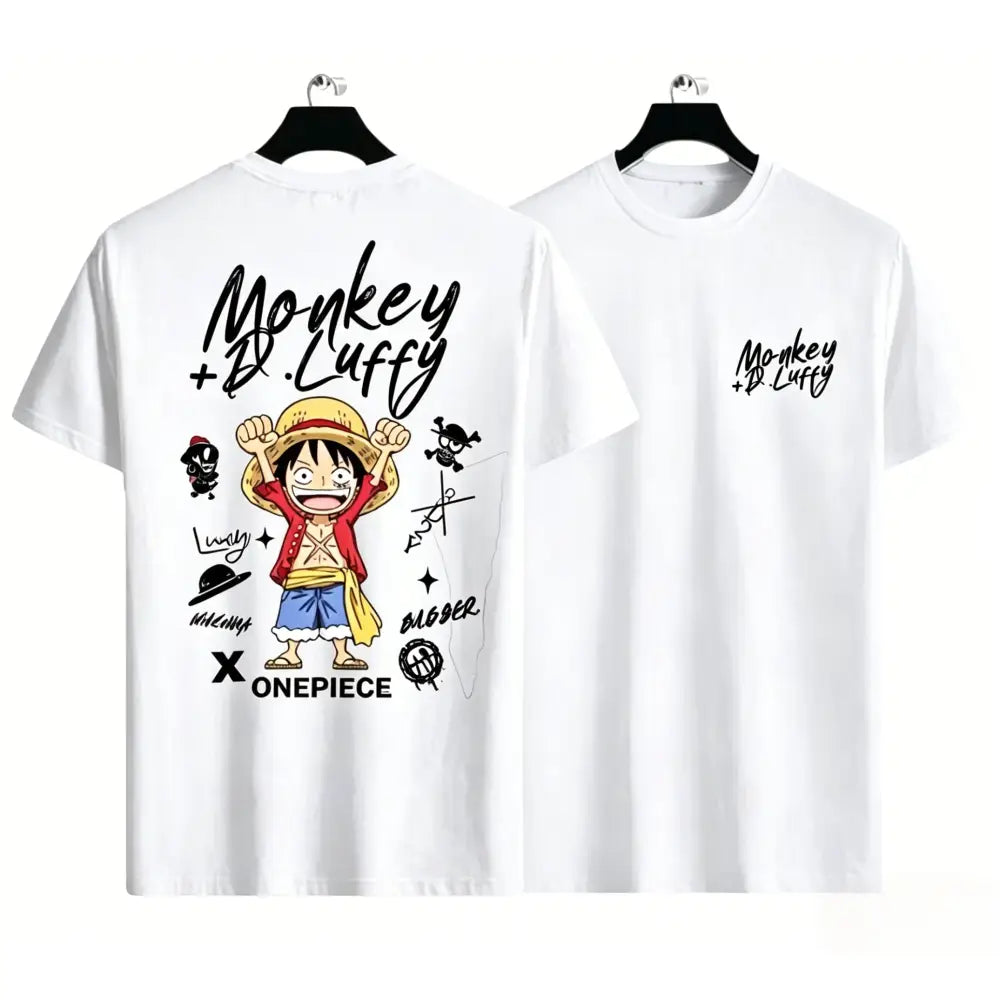White cotton t-shirt featuring a black luffy graphic of piece monkey d in a casual graphic tee design