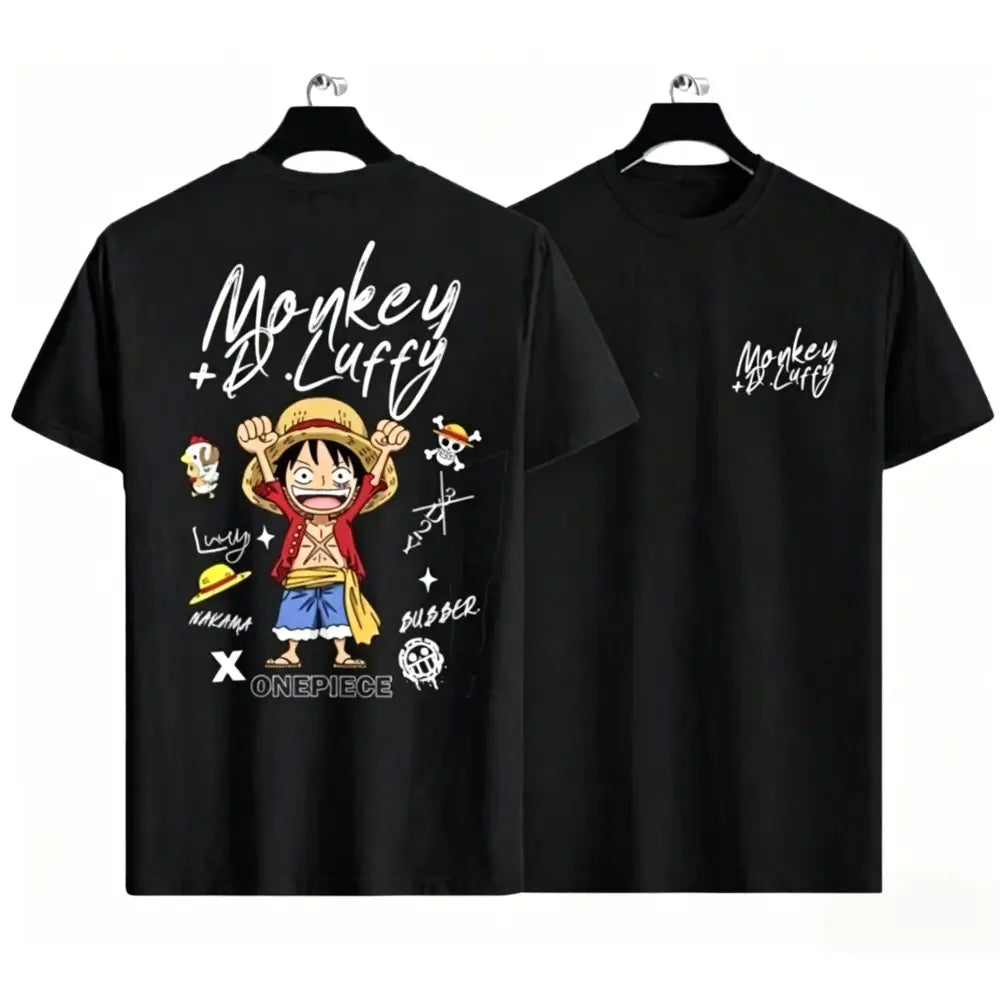 Black cotton t-shirt featuring a vibrant white luffy graphic from one piece monkey for casual wear