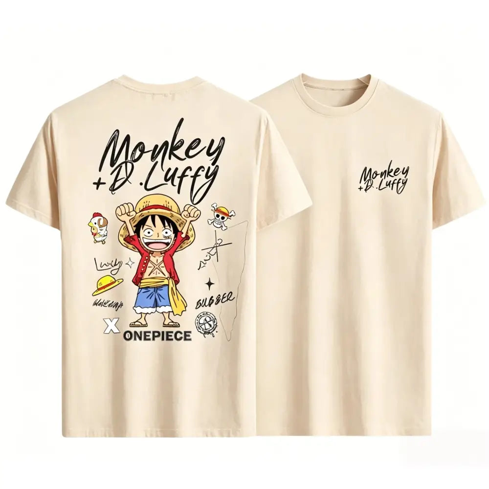 Beige cotton short-sleeved t-shirt featuring a colorful luffy graphic from one piece monkey for casual wear