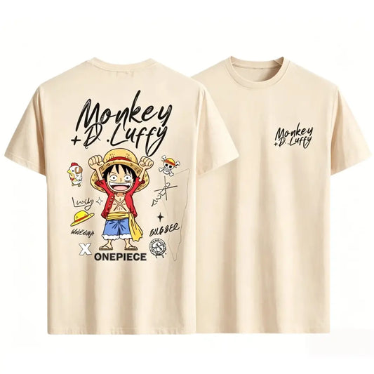 Beige cotton short-sleeved t-shirt featuring a colorful luffy graphic from one piece monkey for casual wear