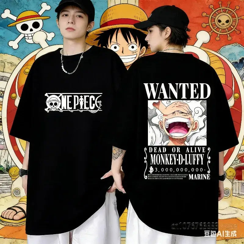 Black cotton short sleeve one piece t-shirt with white skull and crossbones and monkey d luffy wanted poster design