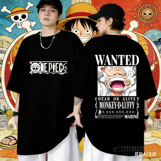 Black cotton short sleeve one piece t-shirt with white skull and crossbones and monkey d luffy wanted poster design