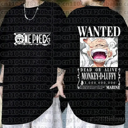 Black cotton short sleeve one piece t-shirt featuring monkey d luffy wanted poster design for casual wear