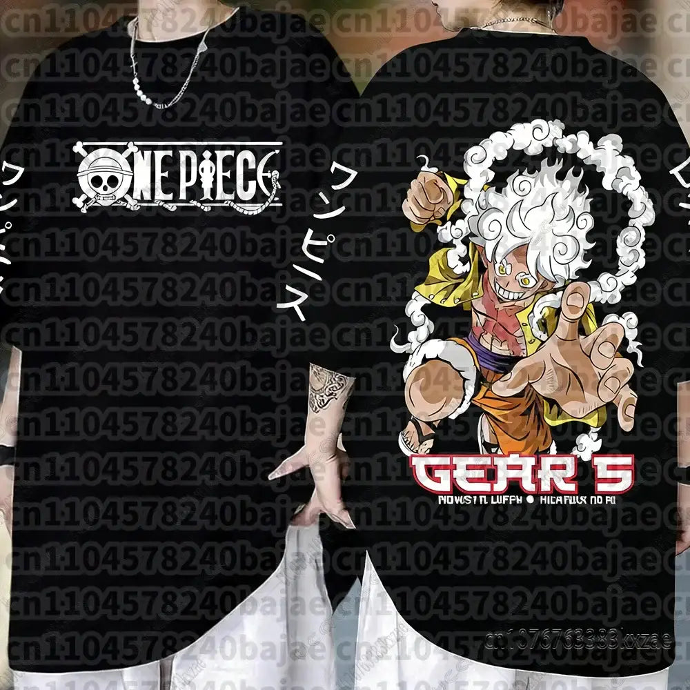 Black cotton short sleeve one piece monkey d luffy t-shirt with white skull logo and vibrant gear 5 graphic