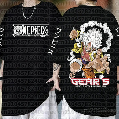 Black cotton short sleeve one piece monkey d luffy t-shirt with white skull logo and vibrant gear 5 graphic