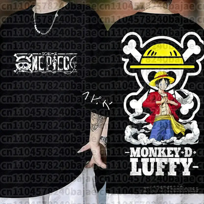 Black cotton short sleeve one piece t-shirt featuring a large white and yellow monkey d luffy design