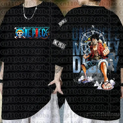 Black cotton short sleeve t-shirt featuring a vibrant monkey d luffy graphic from One Piece monkey series