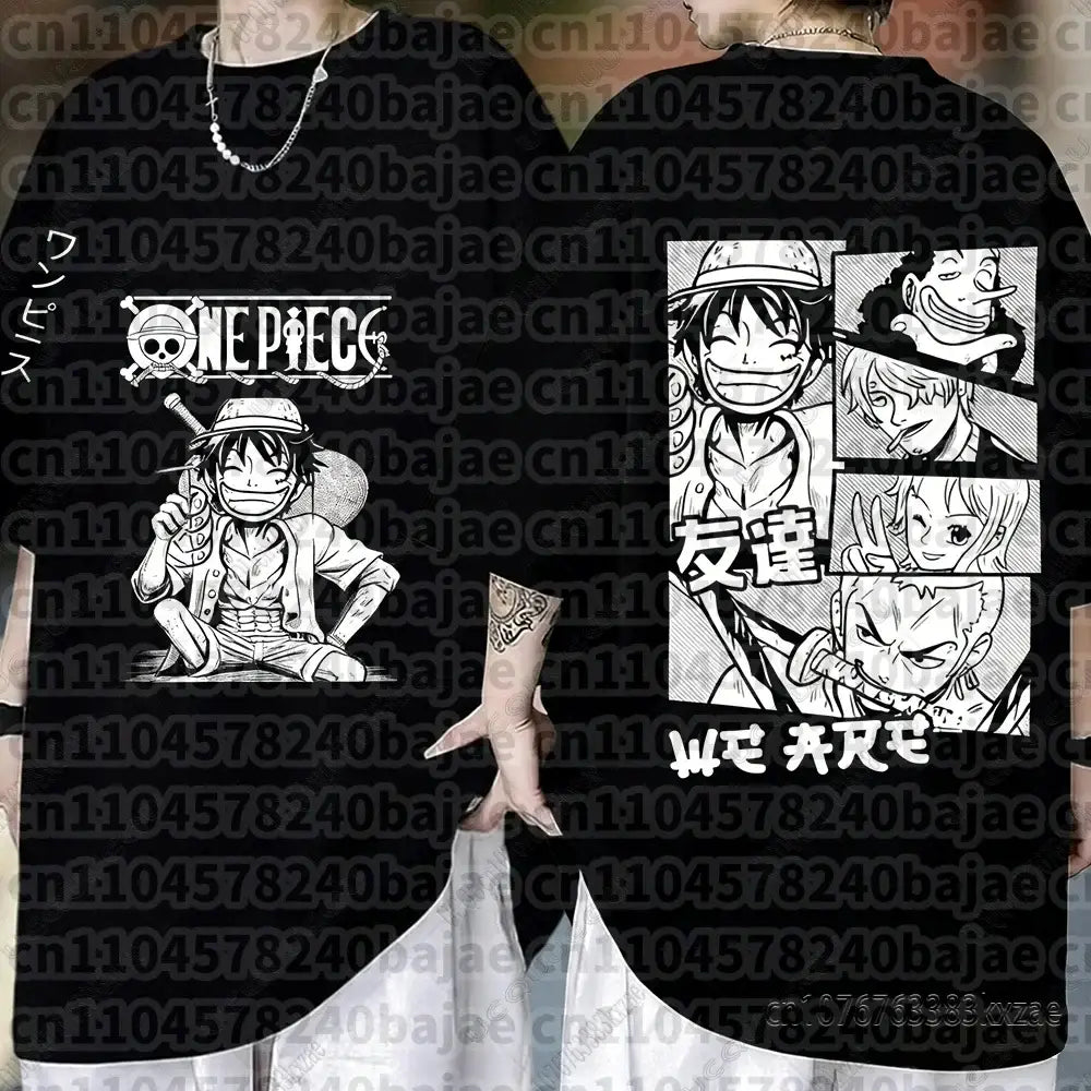 Black cotton short sleeve one piece monkey d luffy t-shirt with white line art and skull logo design
