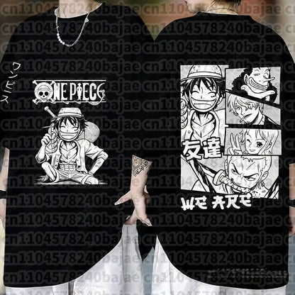 Black cotton short sleeve one piece monkey d luffy t-shirt with white line art and skull logo design