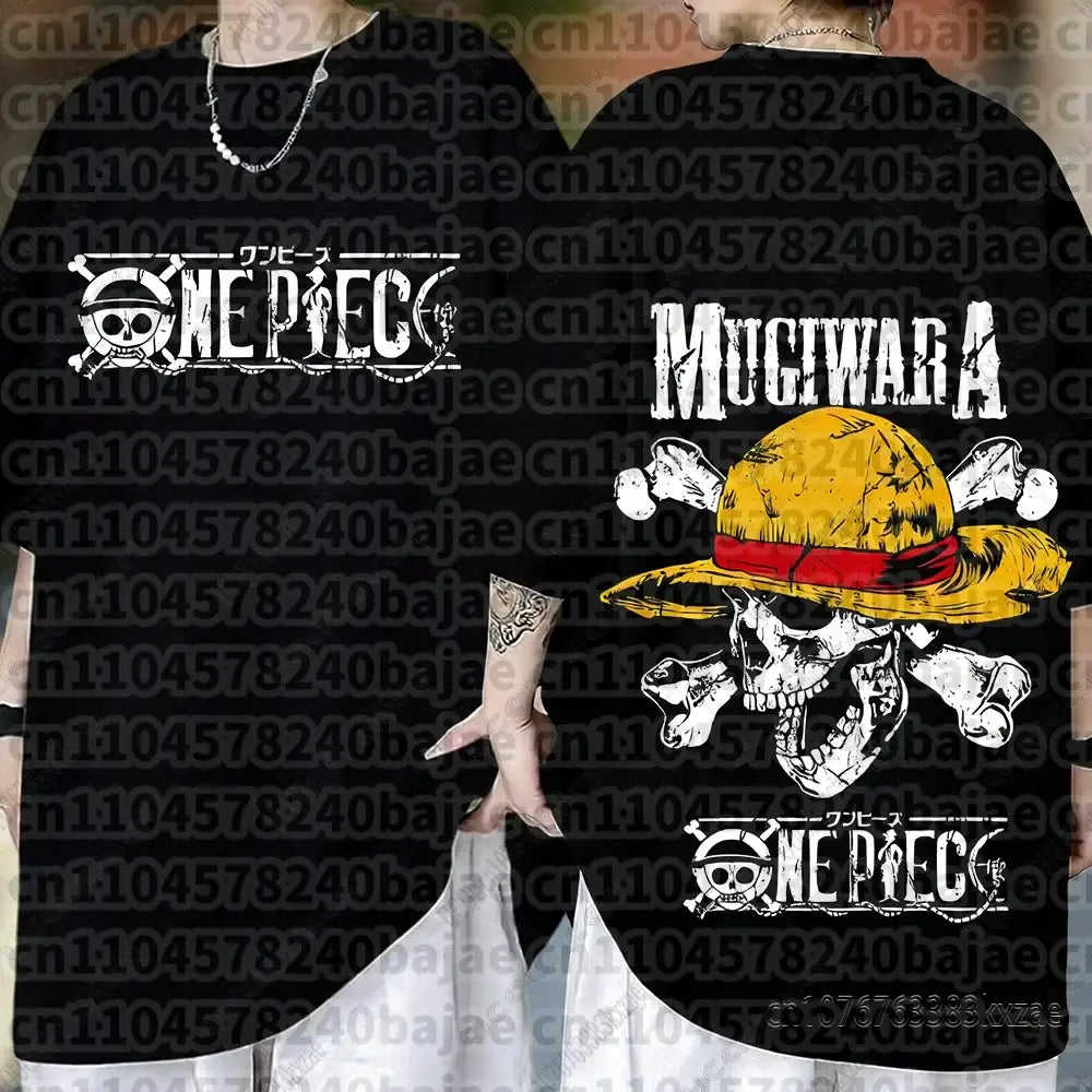 Black cotton short sleeve one piece monkey d luffy t-shirt featuring yellow straw hat graphic and mugiwara text