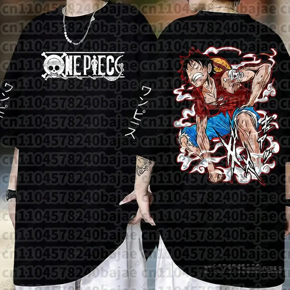 Black short sleeve cotton t-shirt featuring vibrant monkey d luffy graphic with bold red and blue colors on piece monkey design