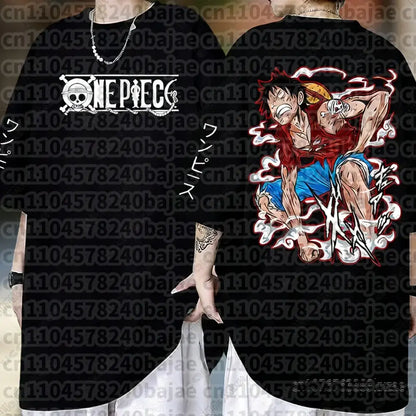 Black short sleeve cotton t-shirt featuring vibrant monkey d luffy graphic with bold red and blue colors on piece monkey design