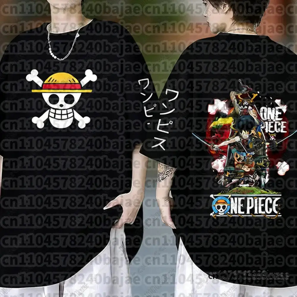 Black short sleeve cotton monkey d luffy t-shirt with white skull and crossbones and colorful anime back design
