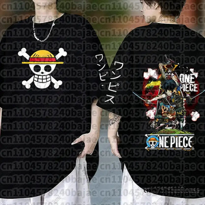 Black short sleeve cotton monkey d luffy t-shirt with white skull and crossbones and colorful anime back design