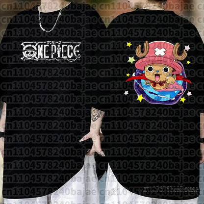 Black short sleeve cotton one piece t-shirt featuring monkey d luffy cartoon on back with one piece logo on chest