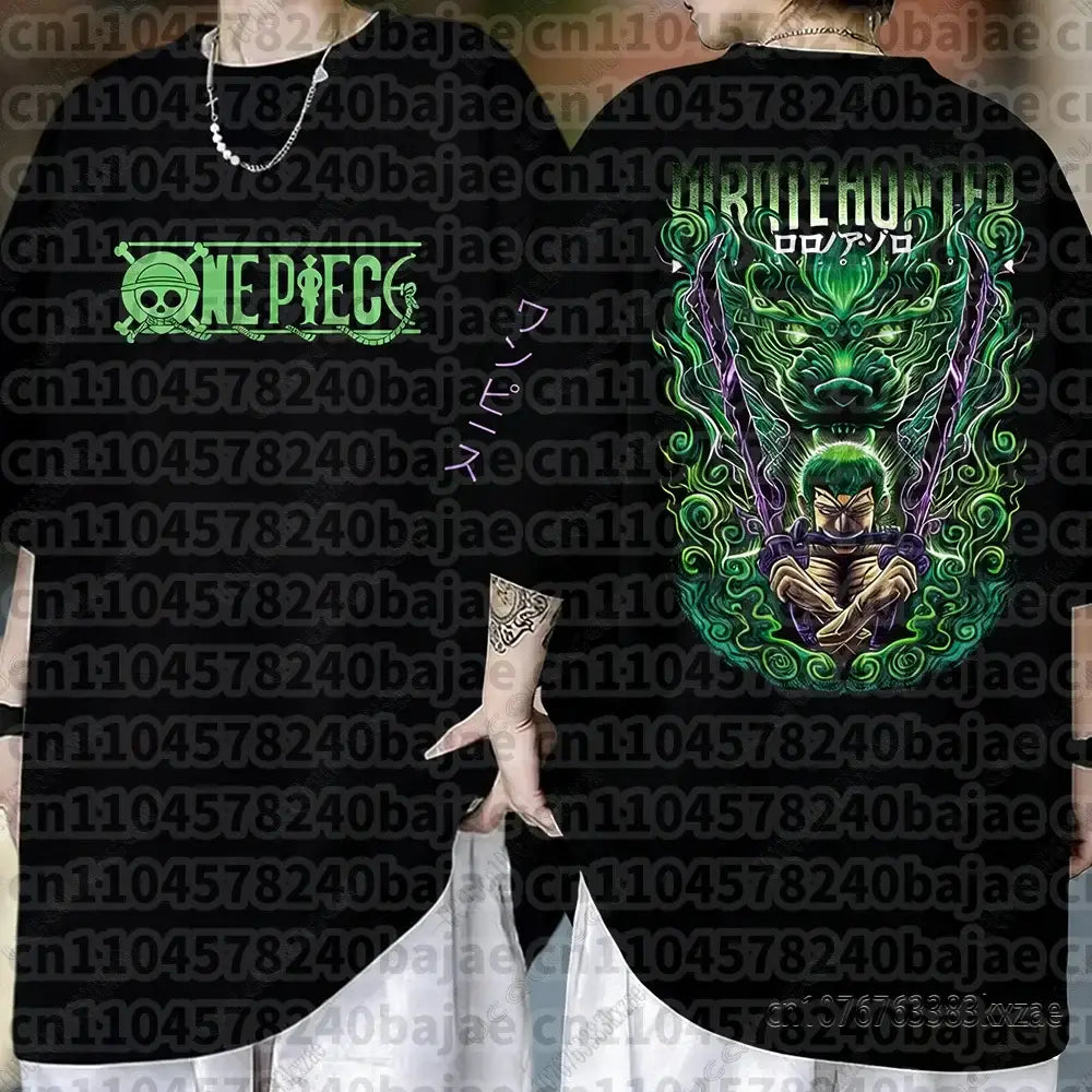 Black one piece cotton short sleeve t-shirt featuring monkey d luffy graphic and roronoa zoro skull logo design