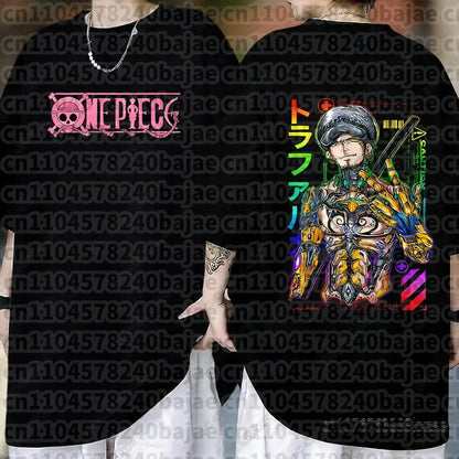 Black cotton short sleeve one piece t-shirt featuring colorful trafalgar law graphic and pink one piece logo on back