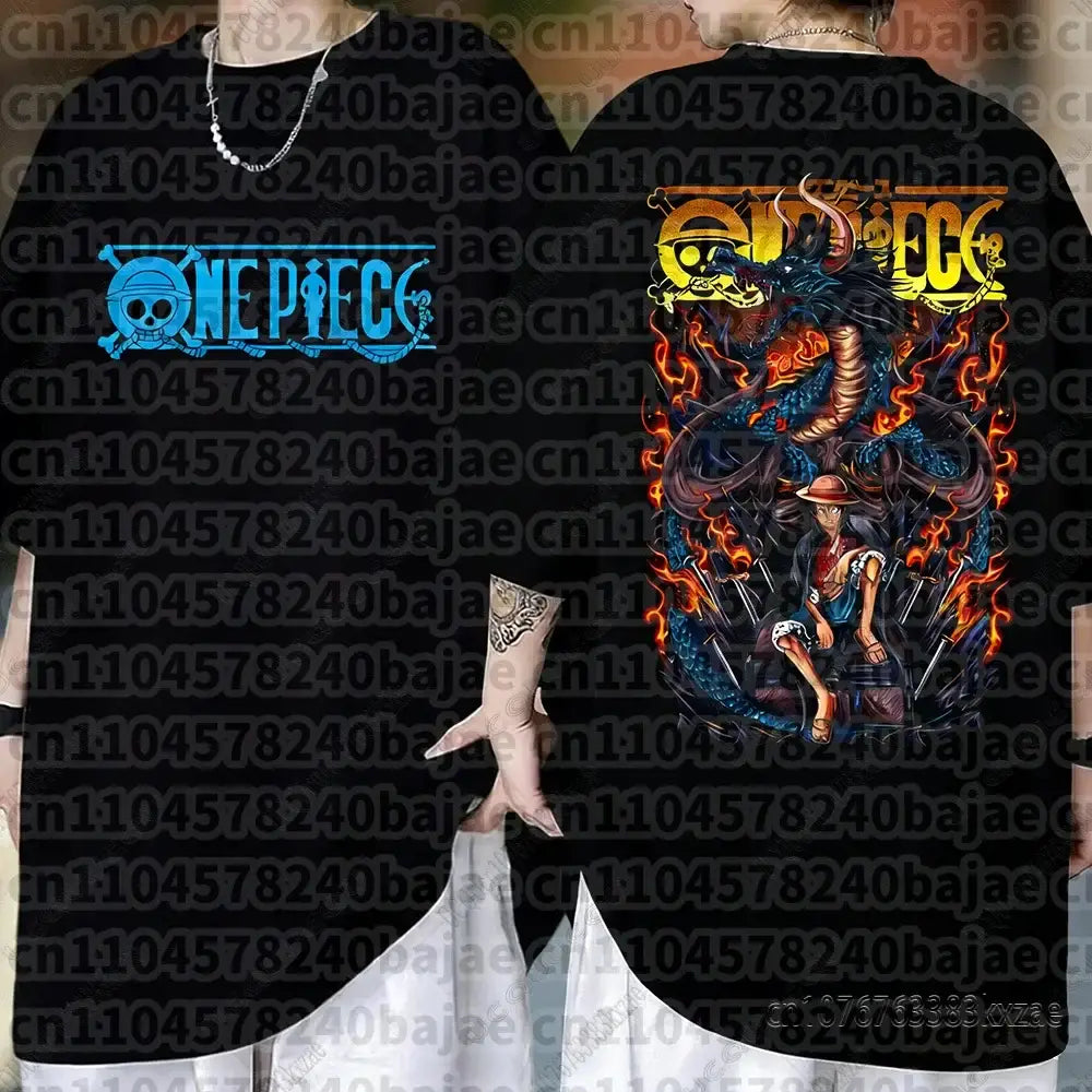 Black cotton short sleeve one piece monkey d luffy t-shirt with vibrant straw hat pirates logo front and fiery dragon back