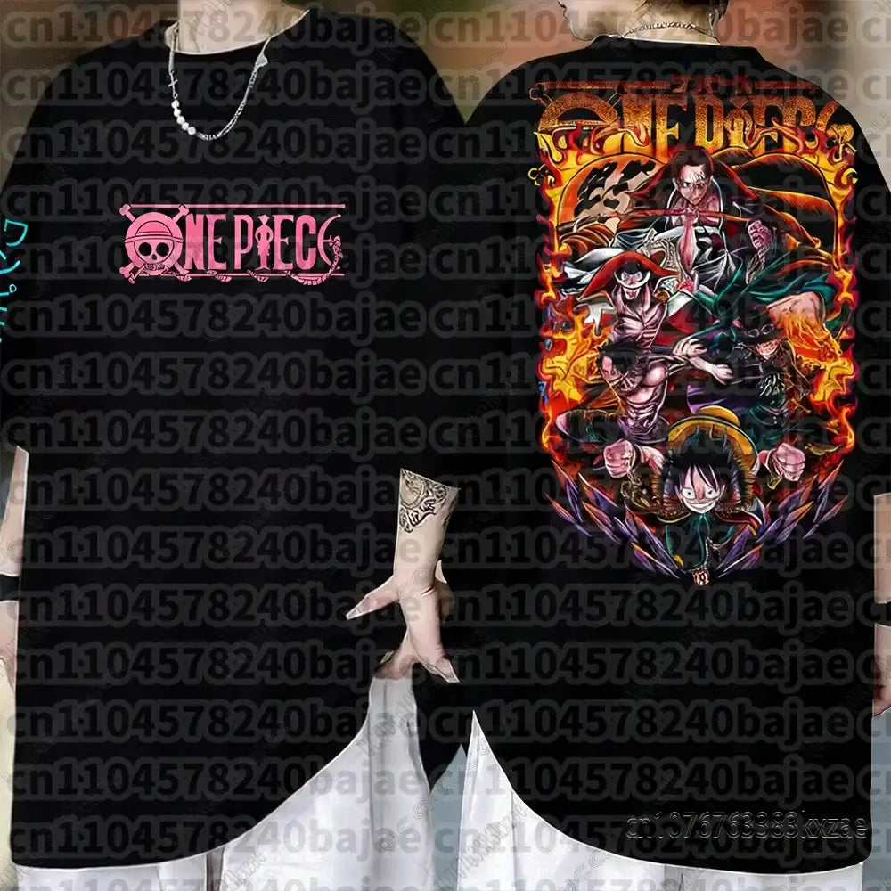 Black cotton short sleeve one piece monkey d luffy t-shirt with fiery straw hat pirates graphic on back and pink skull logo front