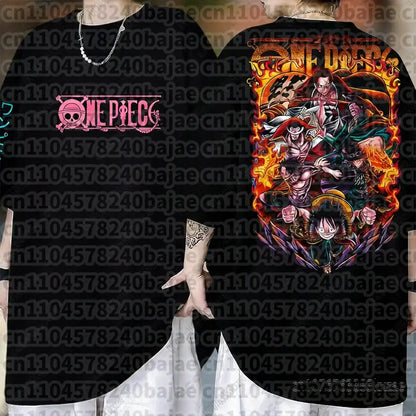Black cotton short sleeve one piece monkey d luffy t-shirt with fiery straw hat pirates graphic on back and pink skull logo front