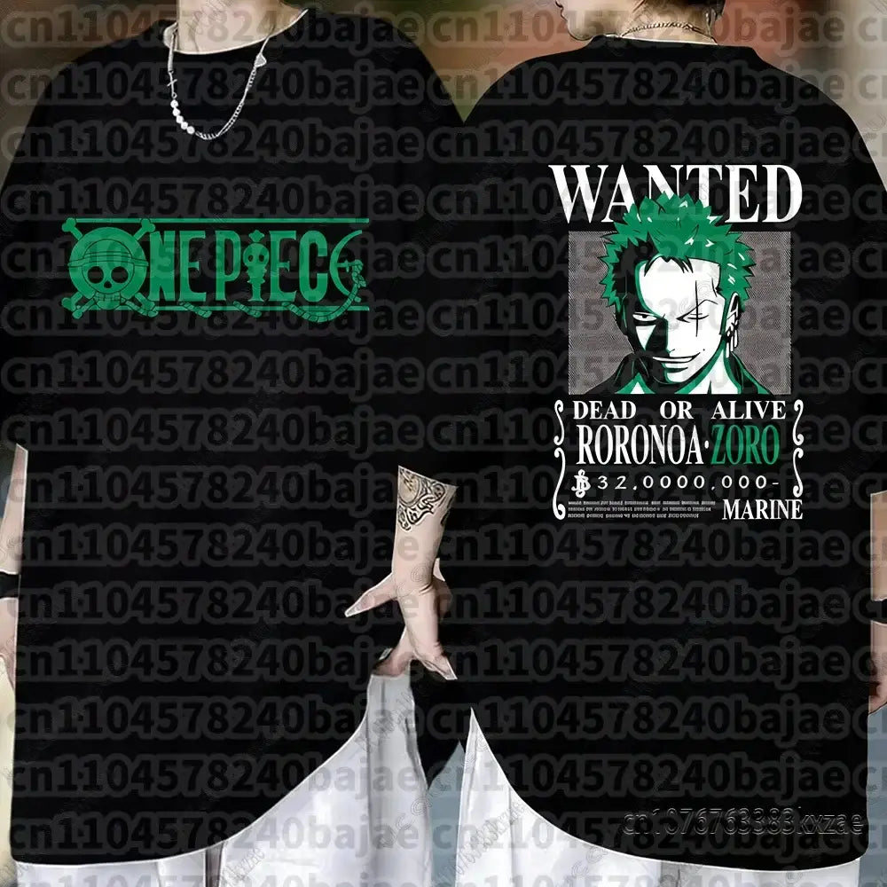 Black long sleeve cotton t-shirt featuring a green wanted poster of roronoa zoro for piece monkey fans
