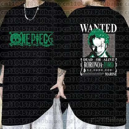 Black long sleeve cotton t-shirt featuring a green wanted poster of roronoa zoro for piece monkey fans