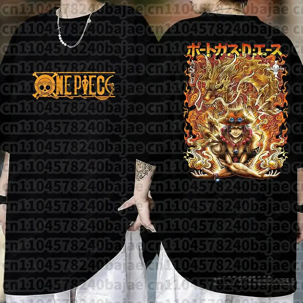 Black short sleeve cotton t-shirt featuring a gold and orange flame akainu design on the back from one piece monkey d luffy