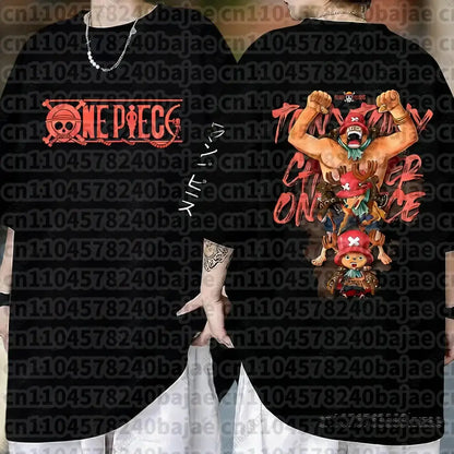 Black short sleeve cotton t-shirt featuring a vibrant red and orange piece monkey graphic of monkey d luffy