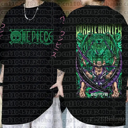 Black cotton short sleeve one piece t-shirt featuring zoro graphic and one piece logo for monkey d luffy fans
