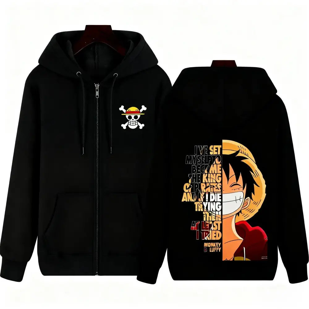 Black hoodie jacket with skull and crossbones emblem and monkey d luffy portrait long sleeve design