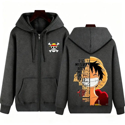 Dark gray zip-up hoodie jacket featuring a skull and crossbones emblem and monkey d graphic on the chest