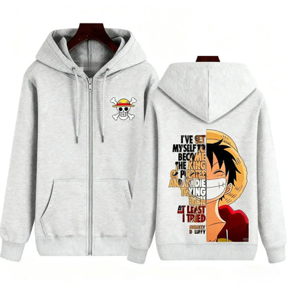 Light gray one piece monkey d luffy zip hoodie jacket with skull and crossbones front and character illustration back