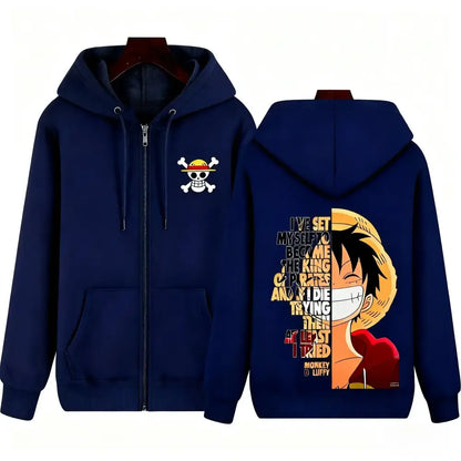 Navy blue hoodie jacket featuring a white skull and crossbones and large monkey d graphic from One Piece