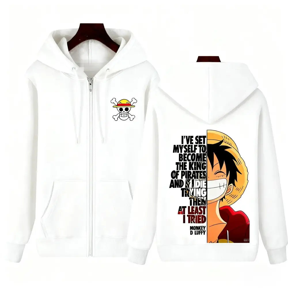 White hoodie jacket featuring a skull and crossbones emblem and monkey d luffy illustration on the chest front