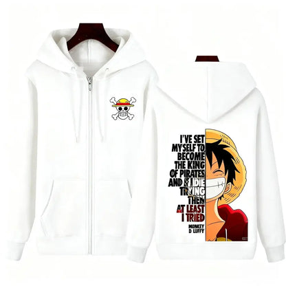 White hoodie jacket featuring a skull and crossbones emblem and monkey d luffy illustration on the chest front