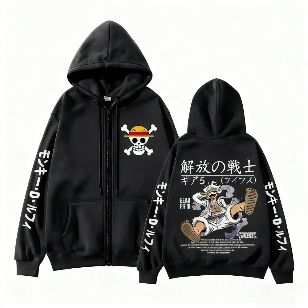 Black zip up hoodie with white skull crossbones and orange hat front cartoon print and gear 5 illustration on back for everyday comfort