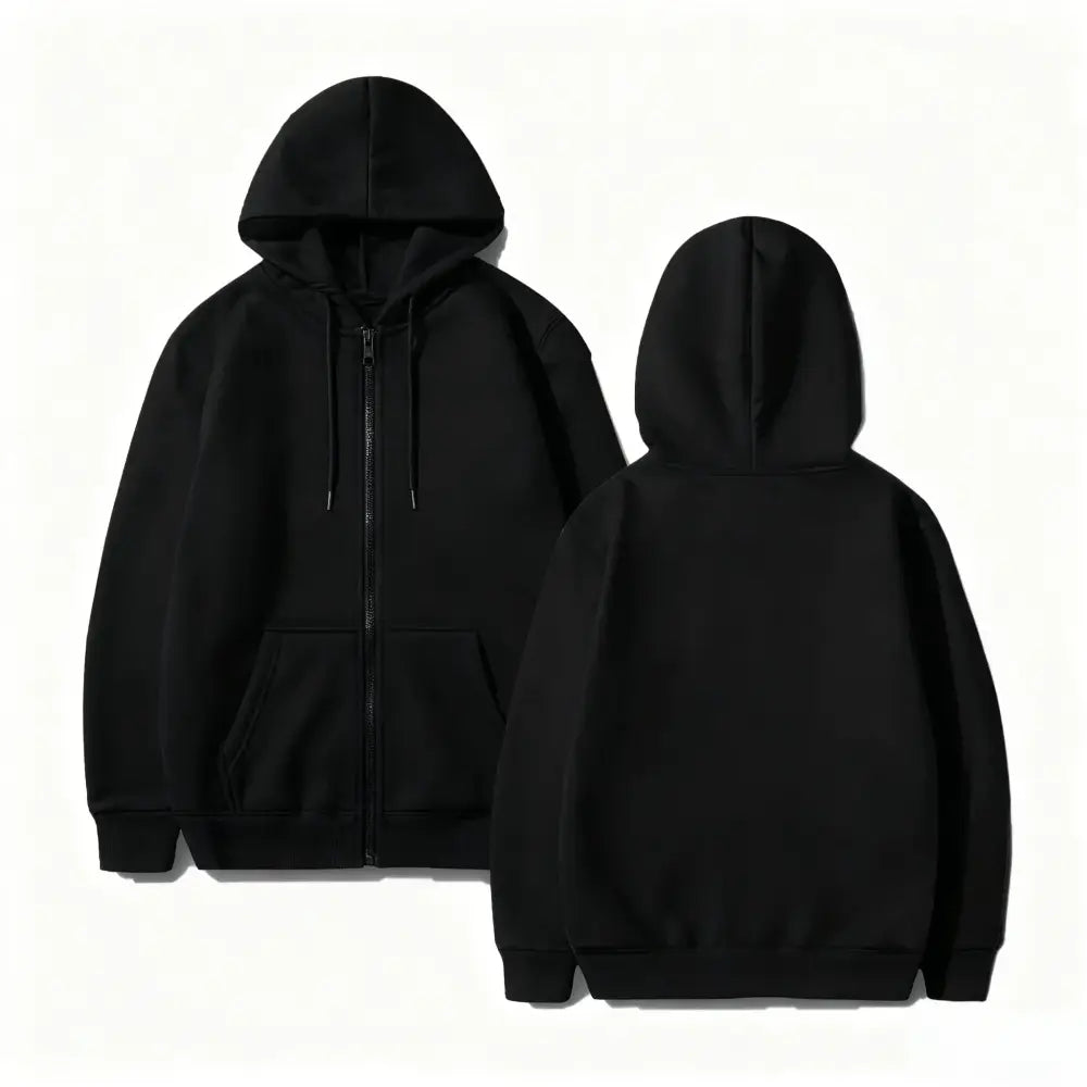 Black zip up hoodie with front zipper, hood, and pockets featuring a one piece monkey d luffy gear 5 cartoon print for everyday comfort