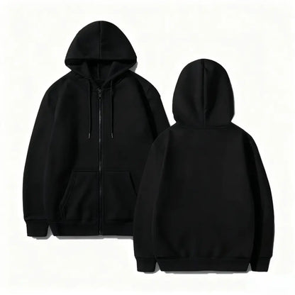 Black zip up hoodie with front zipper, hood, and pockets featuring a one piece monkey d luffy gear 5 cartoon print for everyday comfort
