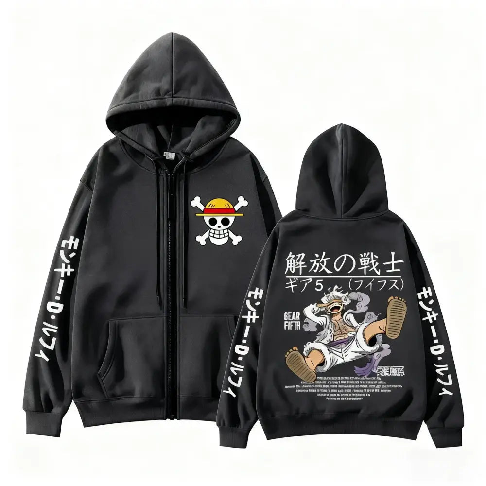 Black zip up hoodie with white skull and crossbones and yellow hat front and gear 5 cartoon print on back for everyday comfort
