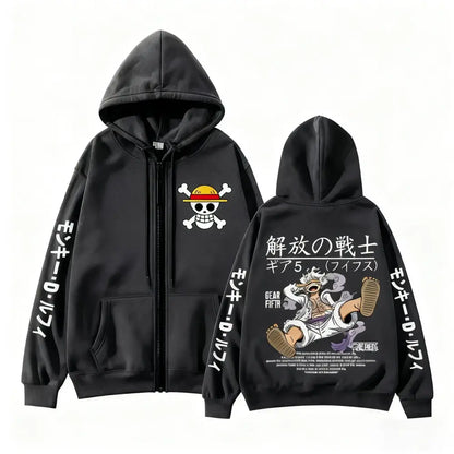 Black zip up hoodie with white skull and crossbones and yellow hat front and gear 5 cartoon print on back for everyday comfort