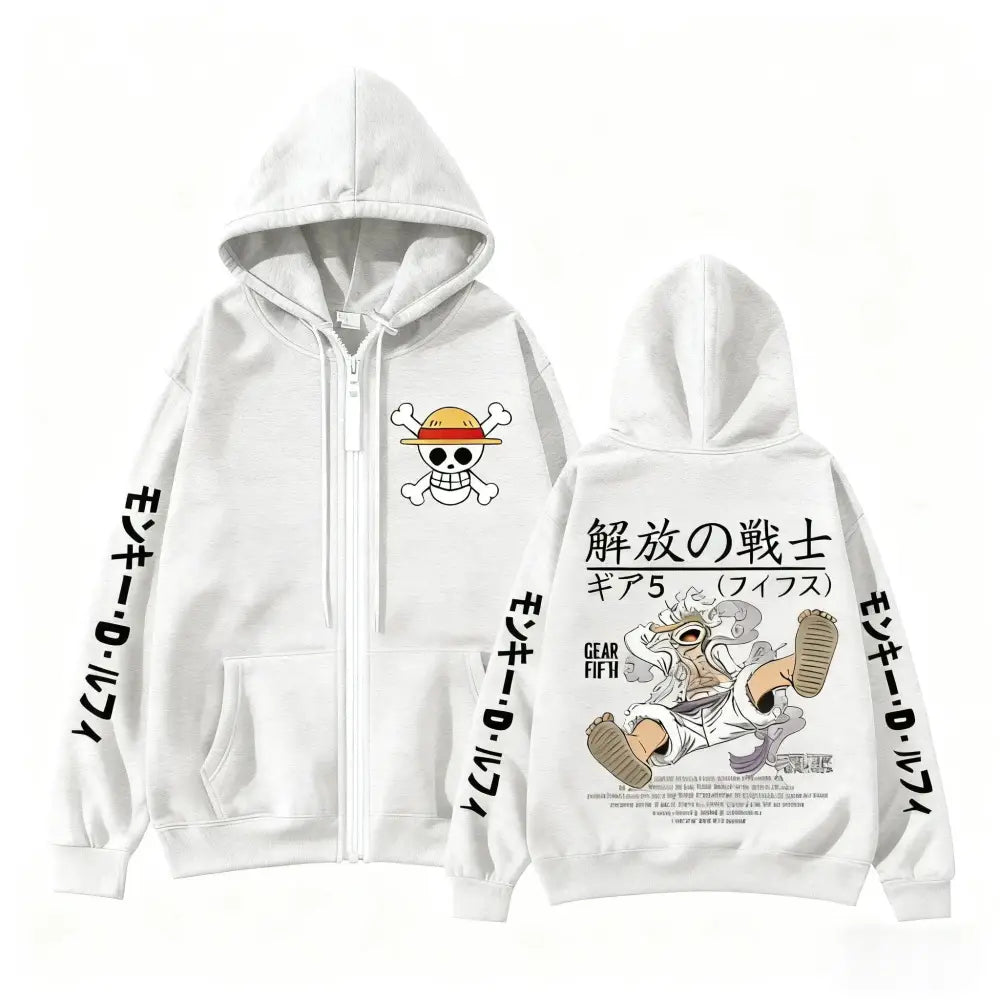 White zip up hoodie with skull and crossbones straw hat front and luffy gear 5 cartoon print on back for everyday comfort