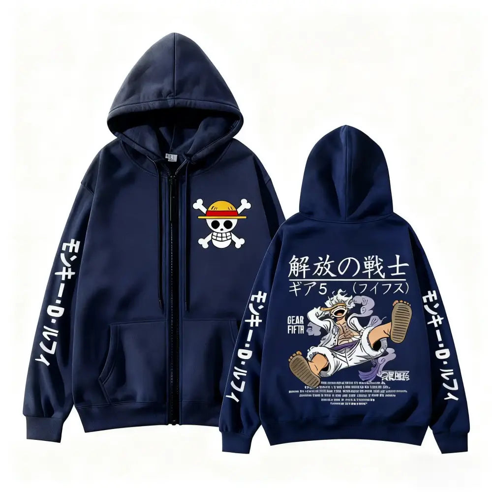 Navy blue one piece monkey d luffy zip up hoodie with cartoon print skull and crossbones and gear fifth for everyday comfort