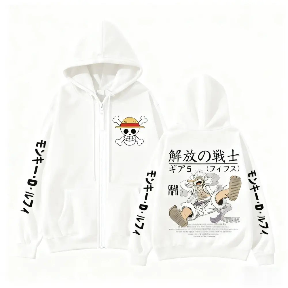 White zip up hoodie with skull and crossbones straw hat front and luffy gear 5 cartoon print for everyday comfort