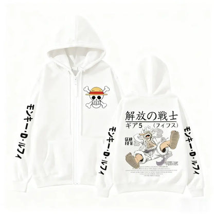 White zip up hoodie with skull and crossbones straw hat front and luffy gear 5 cartoon print for everyday comfort