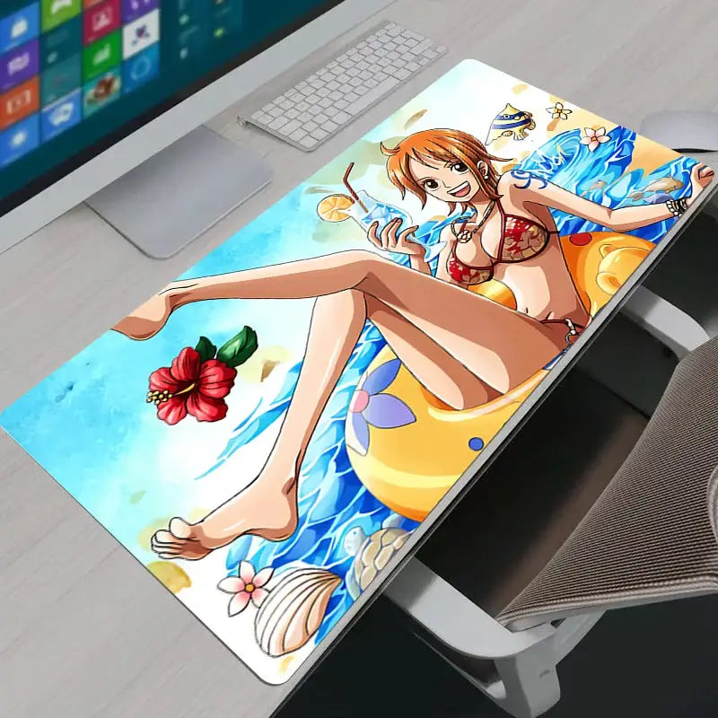 Vibrant large desk mat mouse pad featuring One Piece Nami in a red and yellow bikini on an inflatable ring