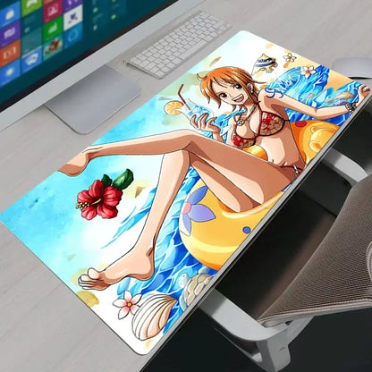 Vibrant large desk mat mouse pad featuring One Piece Nami in a red and yellow bikini on an inflatable ring