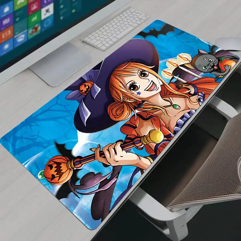 One piece nami mouse pad large desk mat featuring halloween witch with orange hair purple hat and pumpkin staff on blue background