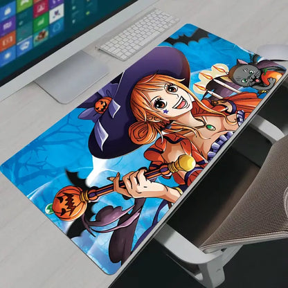 One piece nami mouse pad large desk mat featuring halloween witch with orange hair purple hat and pumpkin staff on blue background