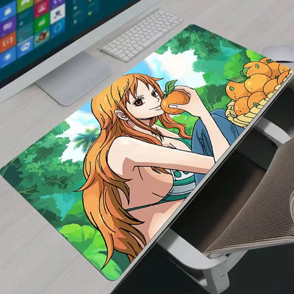 One piece nami mouse pad large desk mat featuring anime character with long orange hair in green bikini holding orange