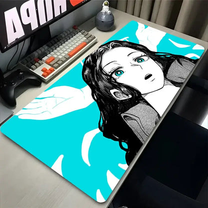 Vibrant turquoise one piece nico robin xxl desk mat featuring a black-and-white anime design and rubber material